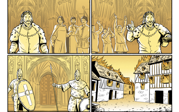 Illustration in a comic book style showing the coronation of William the Conqueror in Westminster Abbey