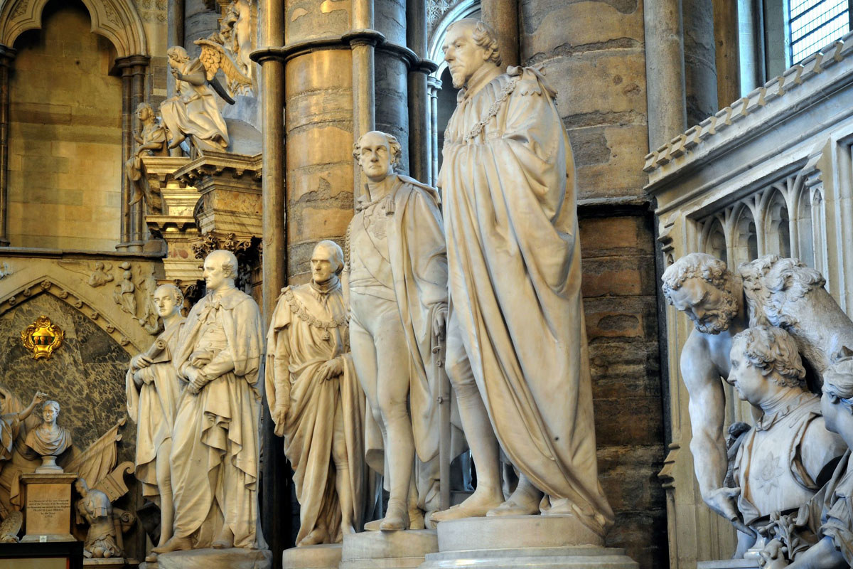Several statues and busts in Poets' Corner