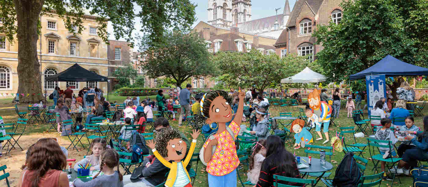 Photograph of families in College Garden enjoying different activities with a range of chairs and tables laid out. Wesminster Abbey is visible in the background. The foreground includes an illustration of a parent and child who are excited, with the parent pointing upwards.