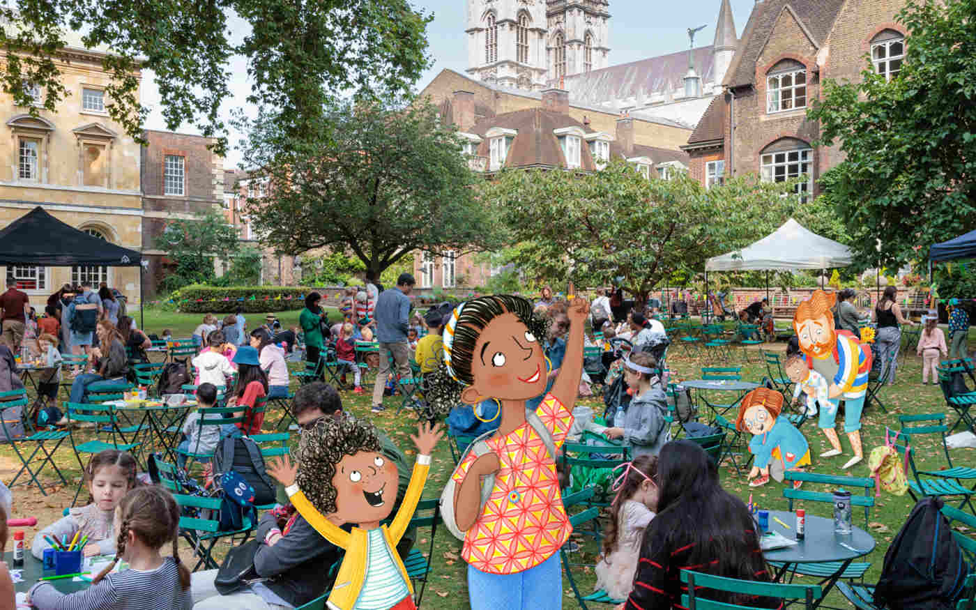 Photograph of families in College Garden enjoying different activities with a range of chairs and tables laid out. Wesminster Abbey is visible in the background. The foreground includes an illustration of a parent and child who are excited, with the parent pointing upwards.