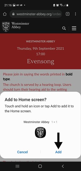 Digital Order of Service - confirmation of adding the Service to an Android home screen