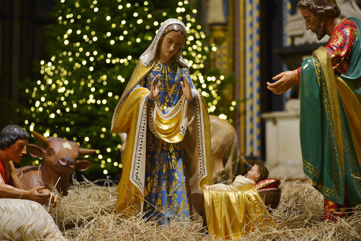 The nativity scene featuring Mary, Joseph, the baby Jesus, animals and wise men. A Christmas tree can be seen in the background