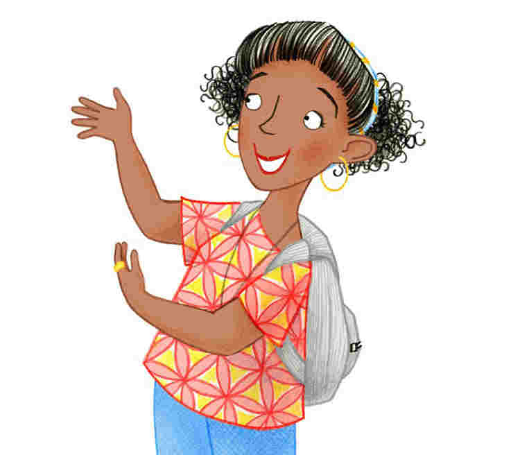 Illustration of mother pointing out something with two hands