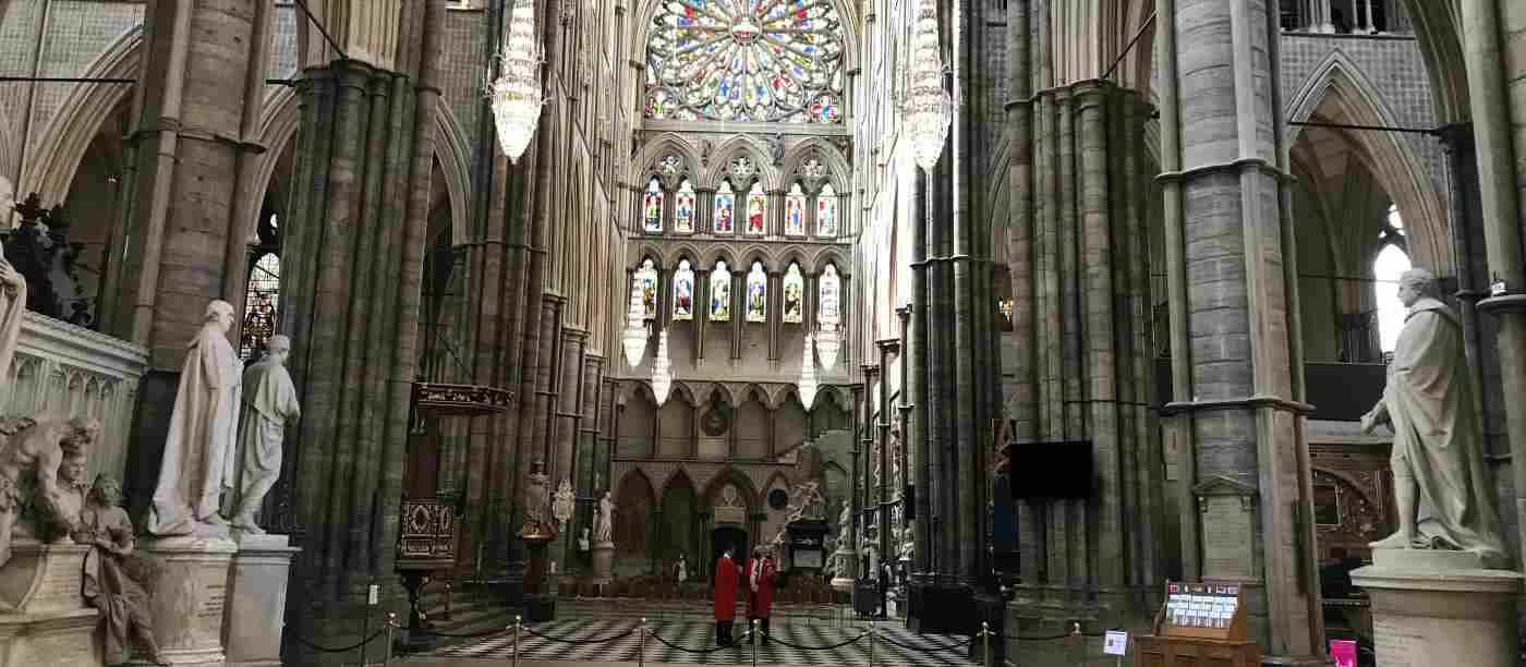 The south side of the Abbey, which features a stained-glass window