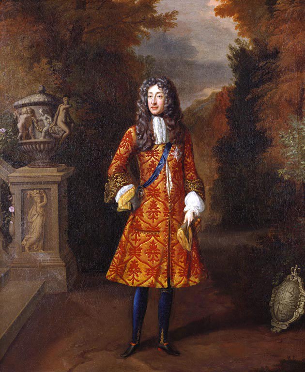 Painting of James II wearing a yellow and red patterned coat