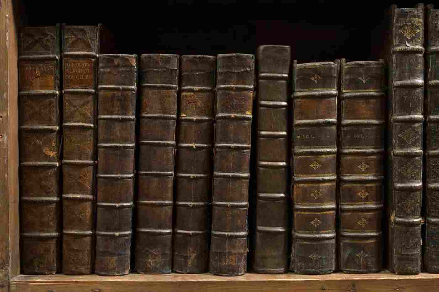 Brown leather-bound books in the Westminster Abbey Library