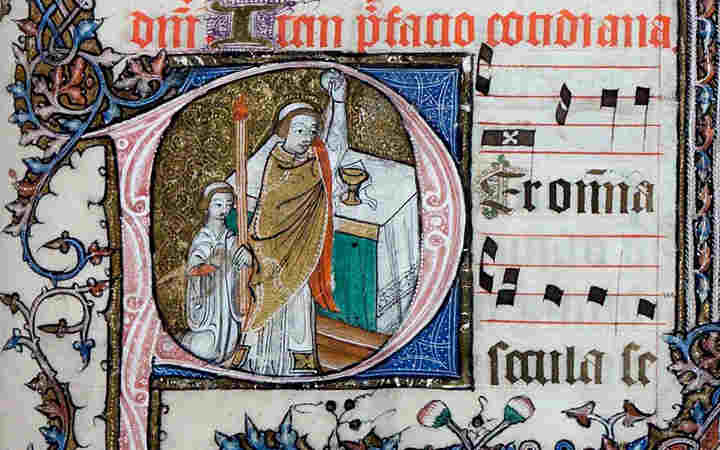 Photograph of an illuminated manuscript showing the Eucharist, representing a Westminster Abbey lesson on the Eucharist for KS4 classes